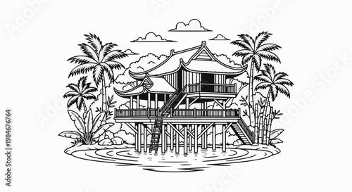 Traditional elevated stilt house surrounded by tropical foliage