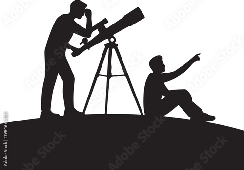 Stargazing silhouette, People with telescopes or looking up, flat black vector symbol