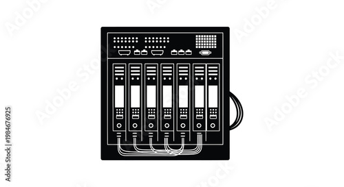 Detailed illustration of a server rack with numerous drive bays silhouette