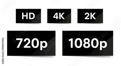 Various screen resolution standards including HD, 4K, 2K, 720p, and 1080p displayed on black rectangles
