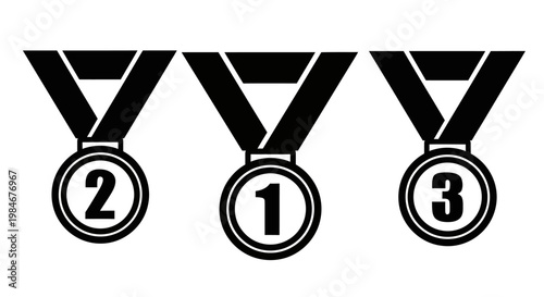 A classic set of three graphic competition medals, elegantly illustrating the ultimate achievement and ranking for first, second, and third place winners, symbolizing triumph and success