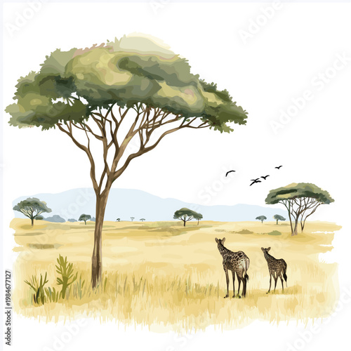 Maasai Mara National Reserve. Maasai Mara National Reserve hand drawn watercolor illustration on white background
