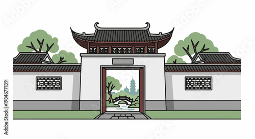 Traditional gateway with ornate roof, leading to a garden with a pagoda and bridge