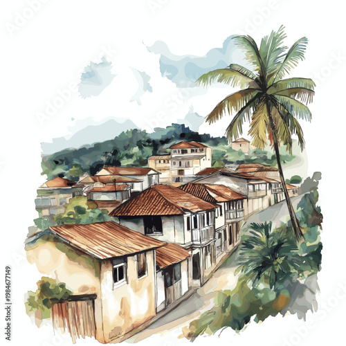 Malabo. Malabo hand drawn watercolor illustration on white background