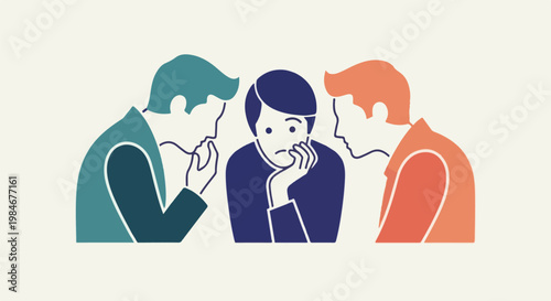 Three figures, one looks sad and isolated, while two others whisper