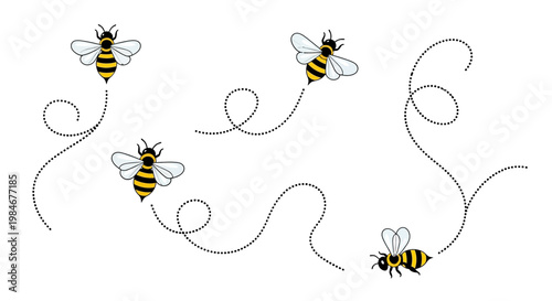 Playful cartoon bees with vibrant yellow and black stripes, actively buzzing and flying along whimsical, swirling paths, creating a lively and cheerful nature-themed illustration