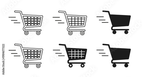 Collection of six shopping cart icons representing fast delivery and online shopping convenience