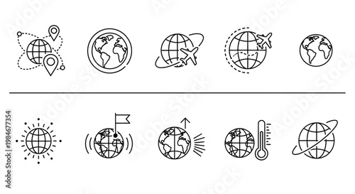 A comprehensive collection of line icons depicting global travel, connectivity, environmental awareness, and worldwide communication concepts for modern digital applications and international themes