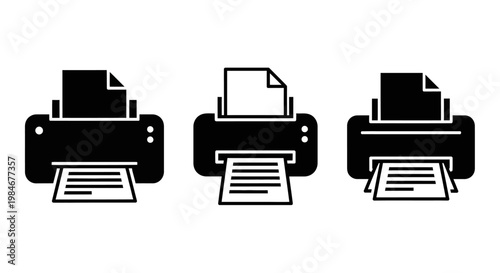 Three monochrome icons depicting printers with paper output, symbolizing printing and office technology
