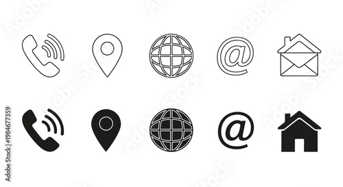 Set of black and white icons representing common contact information symbols like phone, location, globe, email, and house
