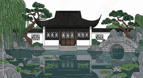 Traditional garden scene with arched bridge, pagodas, and tranquil pond