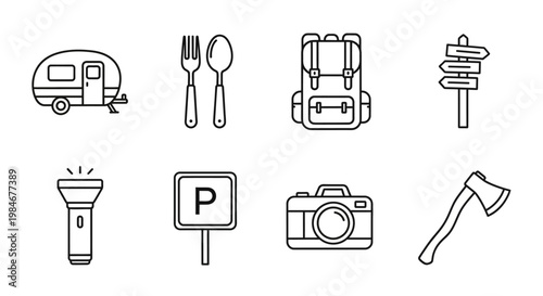 Collection of simple line icons for outdoor activities and travel, featuring camping equipment, navigation tools, photography gear, and adventure essentials