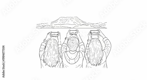 Three people photographing a mountain landscape with their phones