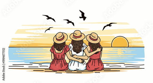 Three friends wearing hats sit on a beach at sunset, watching birds fly