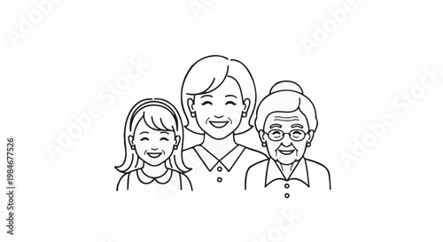 Three generations of smiling women depicted in a simple line art style