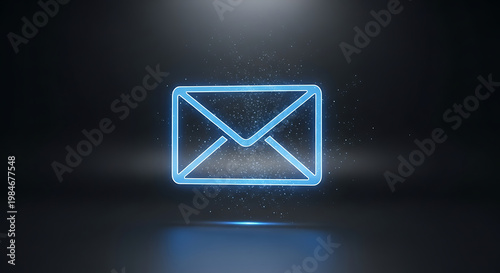 A glowing blue neon email icon on a dark background with a spotlight shining down