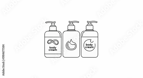 Three illustrated pump bottles of body cream, each with a unique label