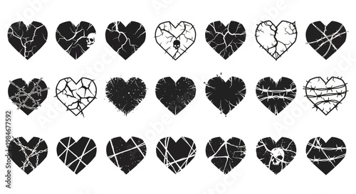 A collection of distressed and cracked heart icons with a grunge aesthetic, perfect for symbolic design elements
