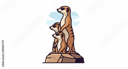 Three meerkats stand alert on a rock under a cloudy sky