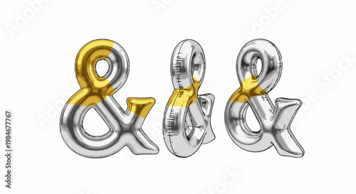 Three metallic ampersand balloons, two silver and gold, one viewed from side