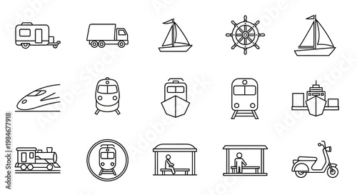 Collection of various modes of transportation in a clean, simple, line-art style for easy comprehension and integration into diverse design projects
