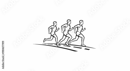 Three athletes in a race, running side by side on a track