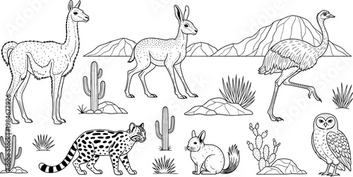 Desert Animals in the Wild - Llama, Gazelle, Ostrich, and Cactus Landscape Vector Set