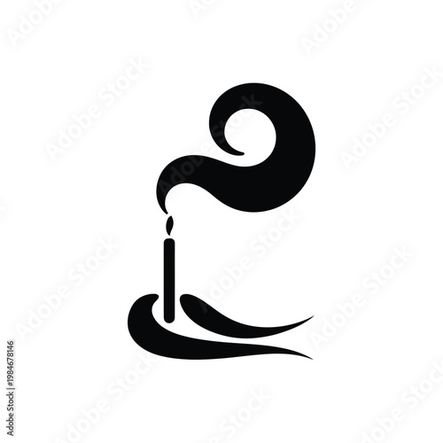 A stylized black silhouette of a burning candle with rising smoke