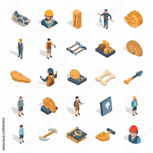Collection of Isometric Icons Representing Archaeology and Paleontology.