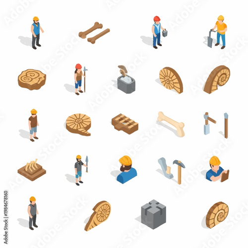 Paleontology Icons Set Fossil Digging Tools Excavation Equipment.