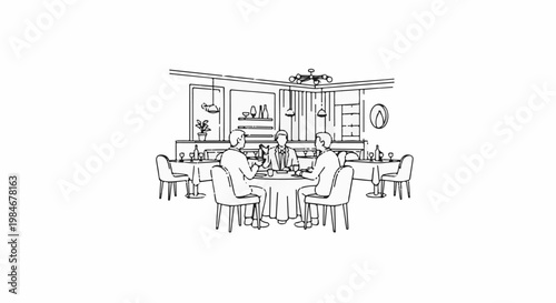 Three men in suits sit around a table in a formal dining room setting
