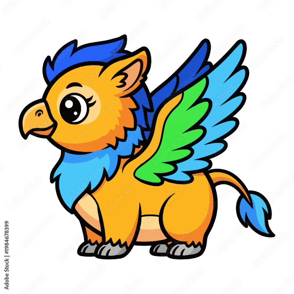 Fototapeta premium Cute Cartoon Griffin with Colorful Feathers and Big Eyes.