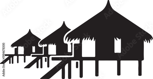 Tropical Bungalows silhouette design, Over water huts on stilts, flat black travel vector symbol