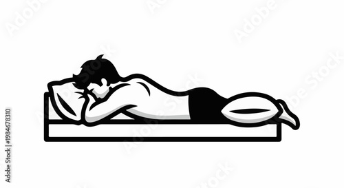 Stylized monochrome graphic of a person sleeping soundly on a bed