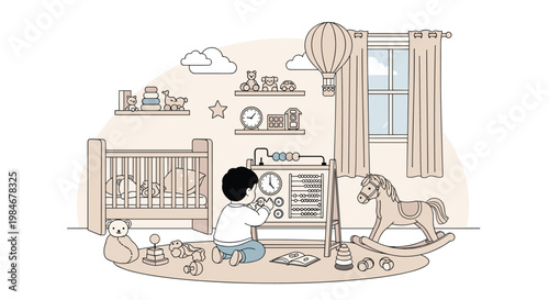 Young child sits on a rug in a well-decorated nursery room playing with an educational busy board to develop fine motor skills.