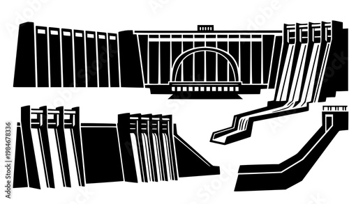 Dam silhouettes vector set hydroelectric structure icons isolated on white