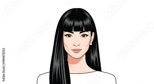 Close-up portrait of a beautiful young woman with long straight black hair and stylish bangs looking confidently at the camera.
