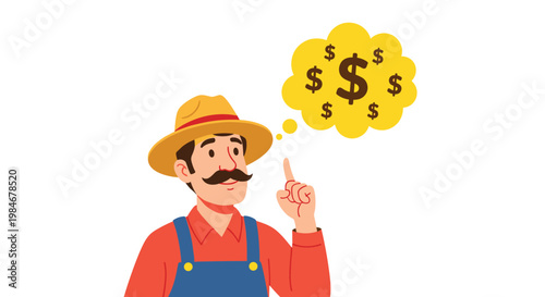 Thoughtful farmer wearing a straw hat and blue overalls points up while dreaming about making money with dollar signs in a bubble.