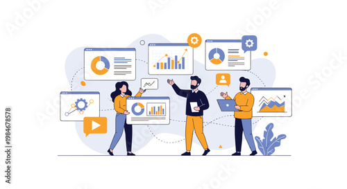 Collaborative business team analyzes various data charts and graphs displayed on multiple digital screens to optimize their performance.