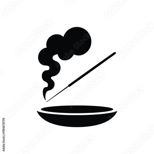 Black silhouette of burning incense stick in a small dish