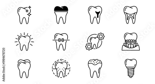 Collection of Dental Icons Representing Various Dental Health and Treatments