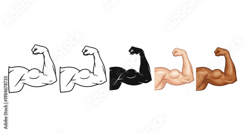 Diverse set of strong, flexed bicep arm illustrations showcasing various styles, outlines, and skin tones, symbolizing power, strength, and physical fitness in a versatile graphic collection