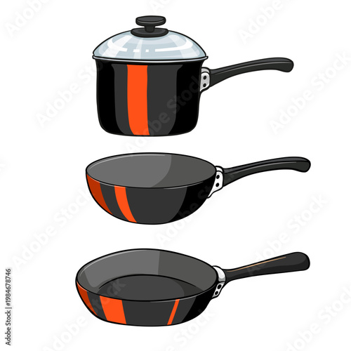 Culinary Trio: A set of essential cookware, including a saucepan, wok and frying pan, is presented, embodying the art of cooking.