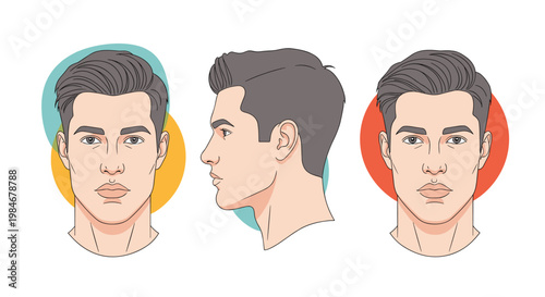 Detailed male head illustrations showing front and side profile views for haircutting, facial anatomy, or grooming reference purposes.