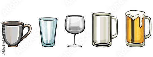 Assortment of Beverage Vessels: An array of drinking receptacles, including a coffee cup, drinking glass, wineglass, beer mug, and glass of beer.