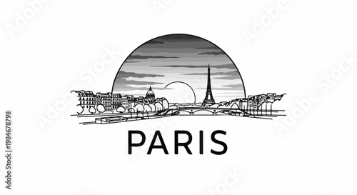 Stylized monochrome depiction of Parisian landmarks, featuring the Eiffel Tower and river
