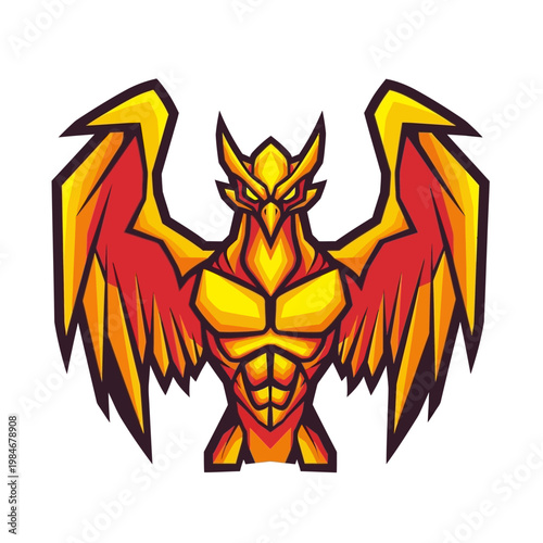 Majestic Phoenix Bird with Fiery Wings and Muscular Torso.