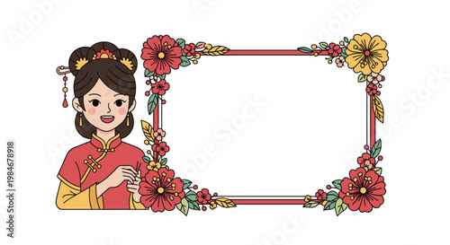 Beautiful floral frame featuring a young woman dressed in traditional red Chinese attire posing gracefully next to the empty space.