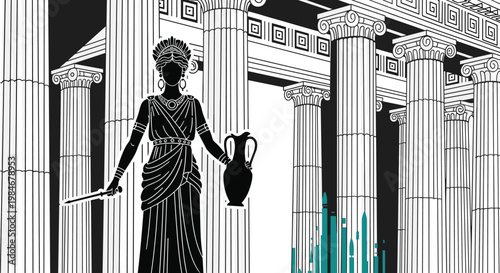 Artistic silhouette of an ancient Greek goddess or priestess holding a jug and a dagger standing before a grand temple with columns.