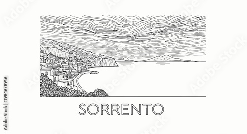 Stylized sketch of a coastal town with houses on cliffs overlooking a calm bay, sunset
